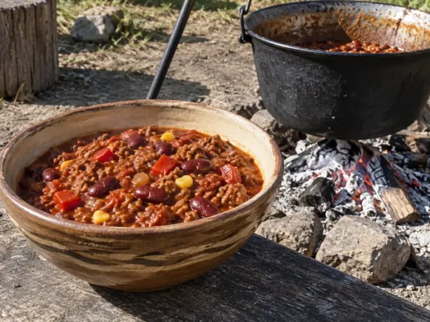 Bográcsos chilis bab rusztikus tálban, sűrű marhahúsos paradicsomszafttal, vörösbabbal és kukoricával