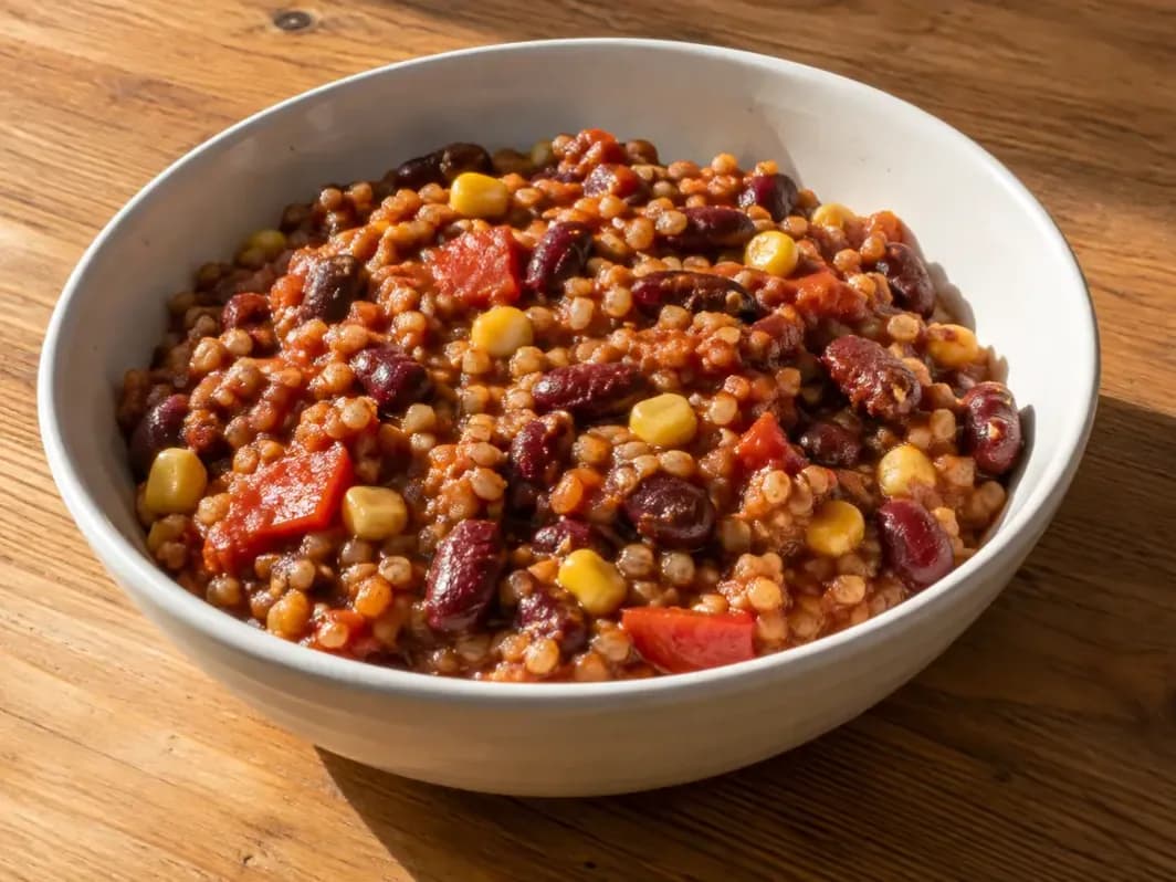 Chilis bab bulgurral kerámiatálban, vörösbabbal, piros paprikával és látható búzatöretszemekkel