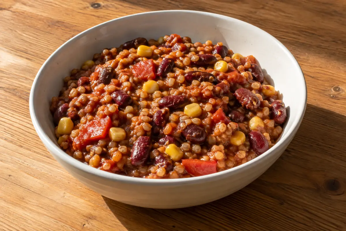 Chilis bab bulgurral kerámiatálban, vörösbabbal, piros paprikával és látható búzatöretszemekkel