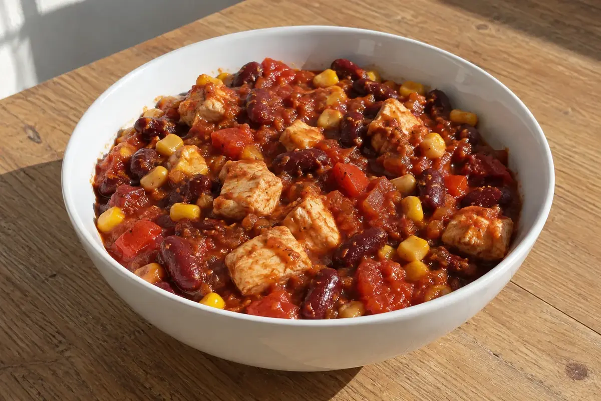 Chilis bab csirkemellel fehér tálban, világos csirkekockákkal, vörösbabbal, kukoricával és piros paprikával