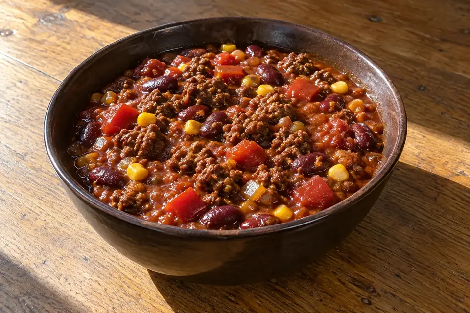 Chilis bab darált hússal sötét kerámiatálban, vörösbabbal, kukoricával és puha piros paprikadarabokkal