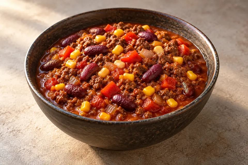 Sűrű chilis bab darált marhahússal, vörösbabbal, kukoricával és paradicsomos szafttal, tálban
