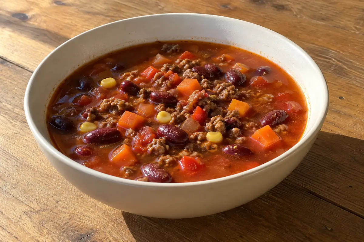 Chilis bab leves mély tálban, piros paradicsomos lében vörösbabbal, darált hússal és zöldségekkel