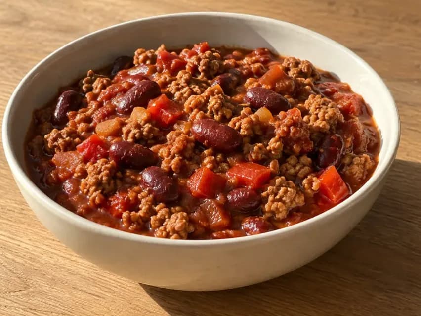 Chilis bab kerámiatálban, darált pulykahússal, vörösbabbal és piros paprikadarabokkal