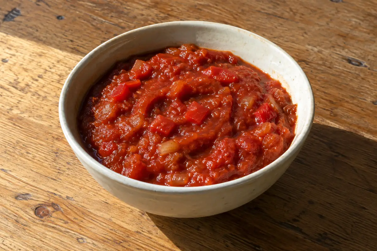 Házi chilis bab szósz kis kerámiatálban, sűrű piros paradicsomos alappal és apró paprikadarabokkal
