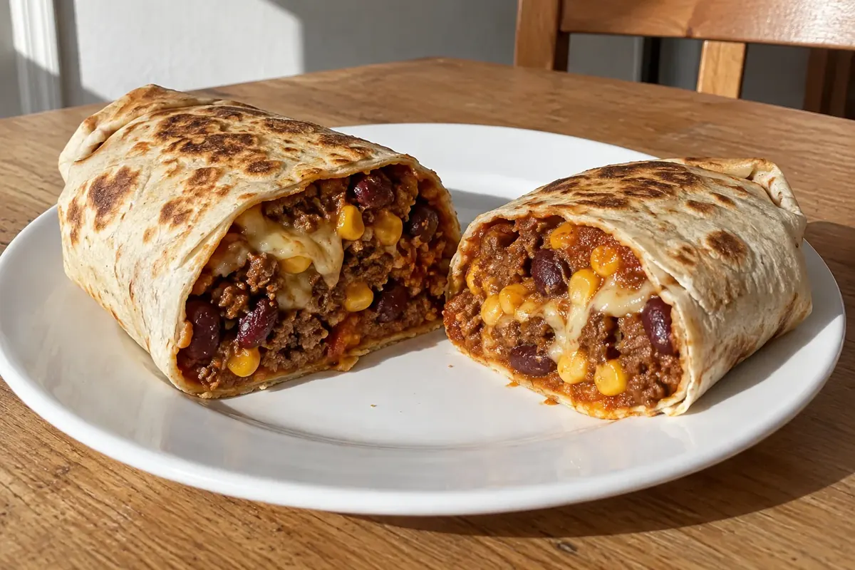Chilis babbal töltött tortilla félbevágva fehér tányéron, pirult lappal, babos-húsos töltelékkel és olvadt sajttal