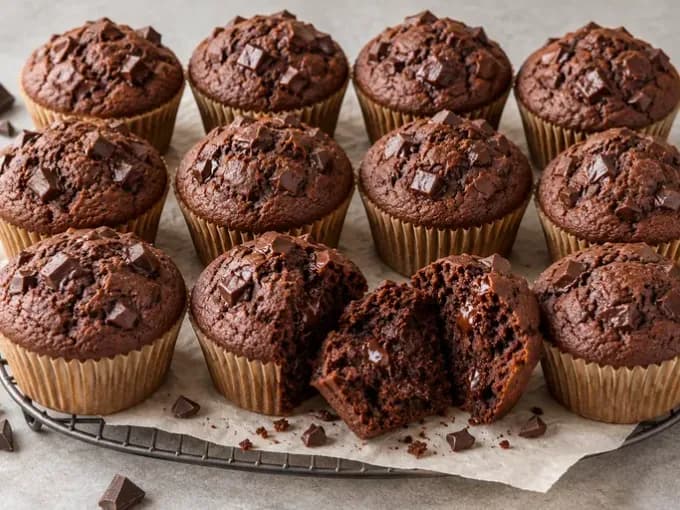 Kakaós muffinok aprított étcsokoládéval, egy félbevágott muffin puha csokoládés belsejével