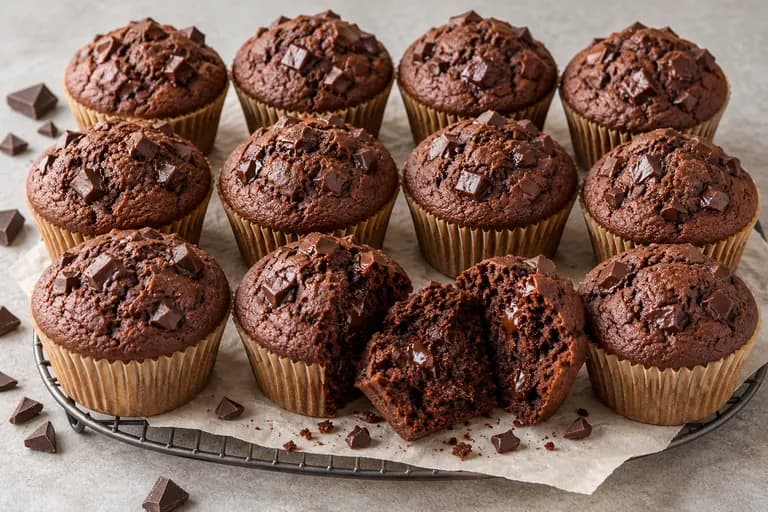 Kakaós muffinok aprított étcsokoládéval, egy félbevágott muffin puha csokoládés belsejével