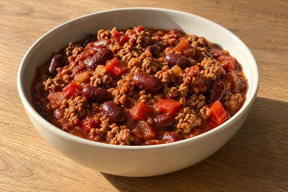 Diétás chilis bab kerámiatálban, darált pulykahússal, vörösbabbal és piros paprikadarabokkal