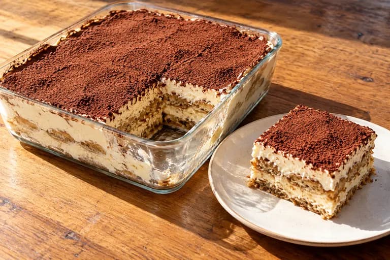 Kakaóval meghintett tiramisu szelet, benne kávéba mártott babapiskóta és világos mascarponés krémrétegek