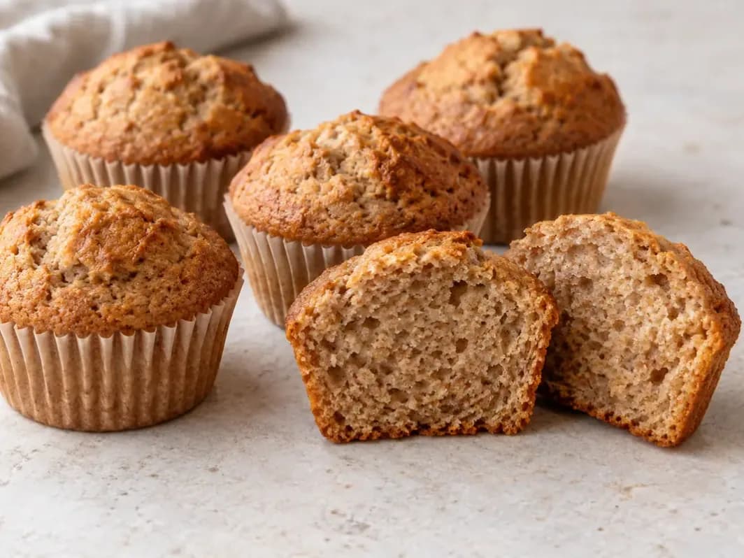 Gesztenyés muffinok papírkapszliban, egy félbevágott muffin gesztenyebarna bélzetével