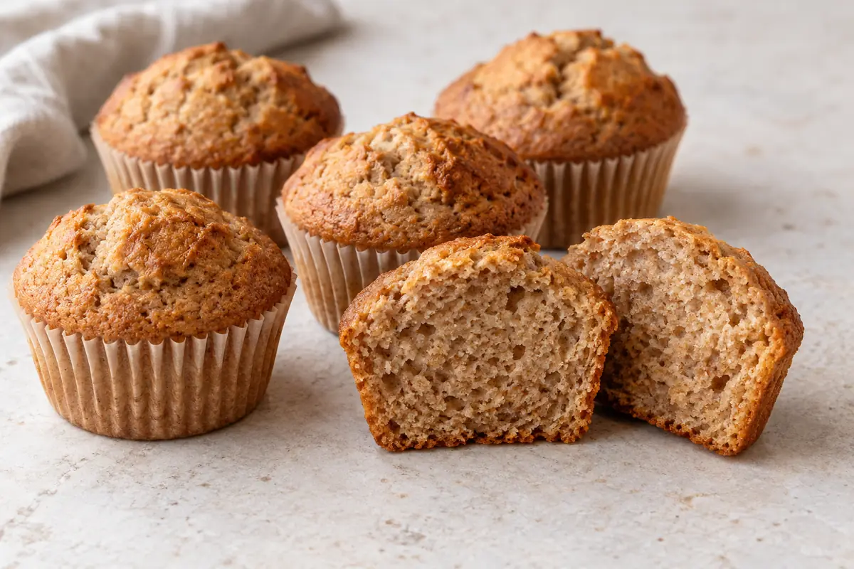 Gesztenyés muffinok papírkapszliban, egy félbevágott muffin gesztenyebarna bélzetével