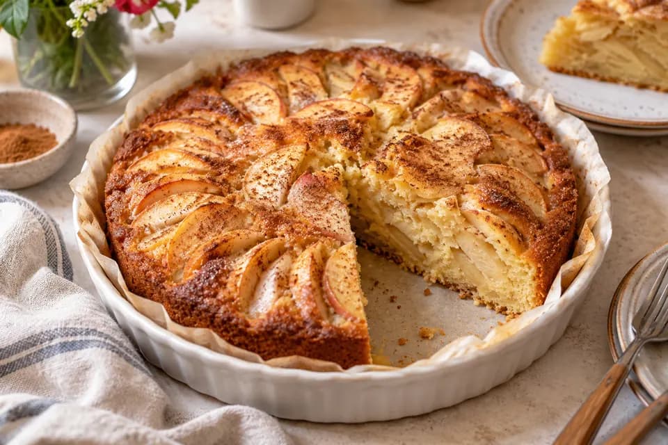 Kerek, fahéjas almás pite egy kivágott szelettel, puha kevert tésztával és látható almaszeletekkel