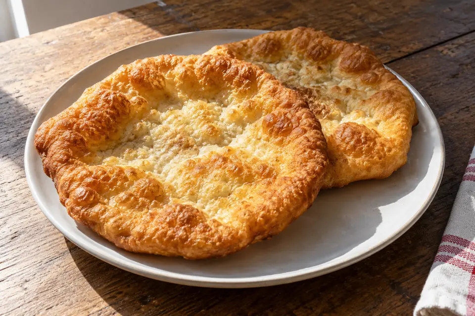 Két kisebb, aranybarna gluténmentes lángos tányéron, kissé egyenetlen és puha belső felülettel