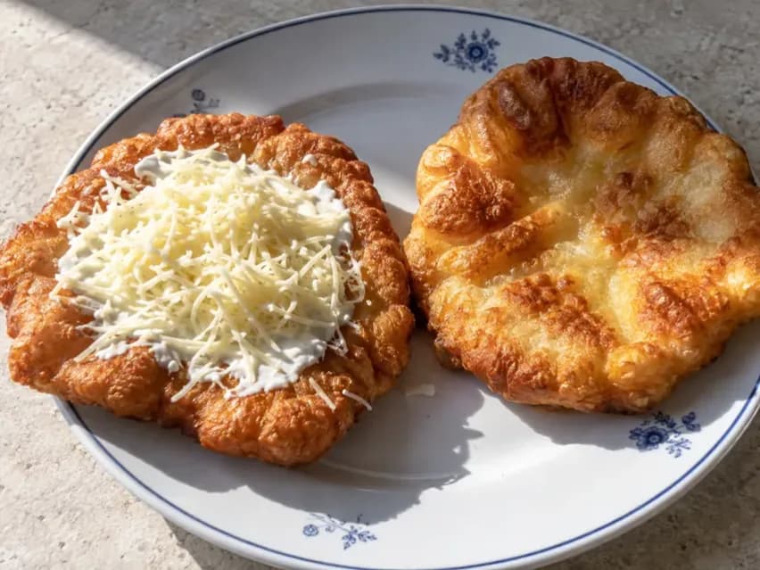Kisebb, aranybarna gyors joghurtos lángos tejföllel és reszelt sajttal egy egyszerű tányéron