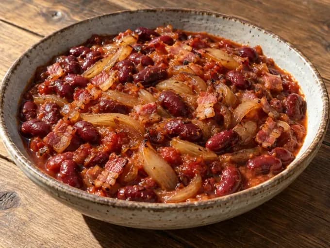 Hagymás chilis bab rusztikus tálban, vörösbabbal és pirult szalonnadarabokkal