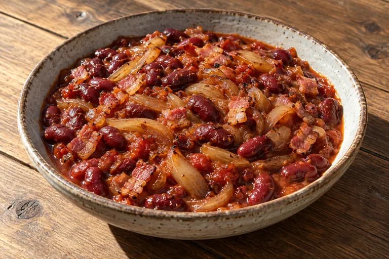 Hagymás chilis bab rusztikus tálban, vörösbabbal és pirult szalonnadarabokkal
