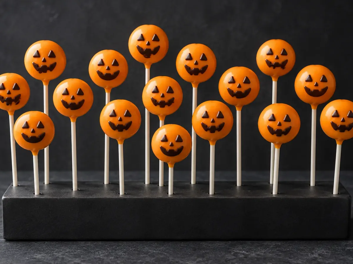 Narancssárga, étcsokoládéval tök arccá díszített Halloween cake pop sütinyalókák pálcikán