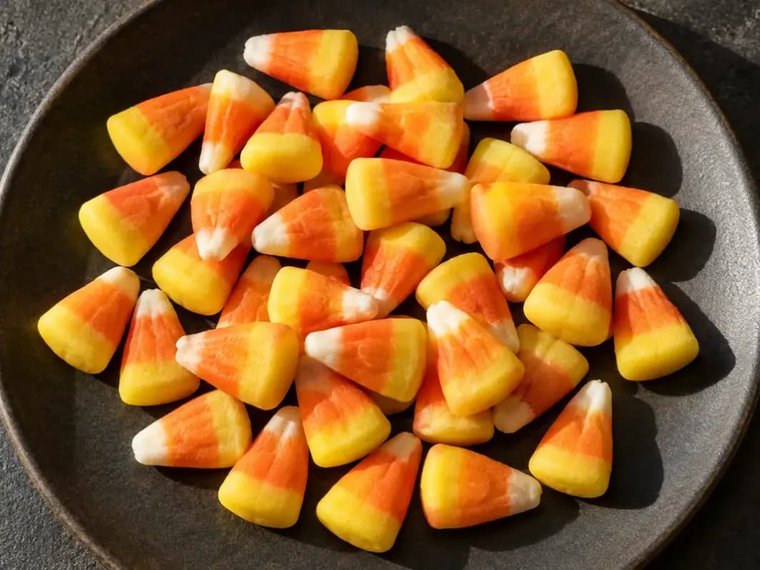 Háromszínű, fehér csúcsú, narancssárga közepű és sárga aljú candy corn cukorkák egy tálon