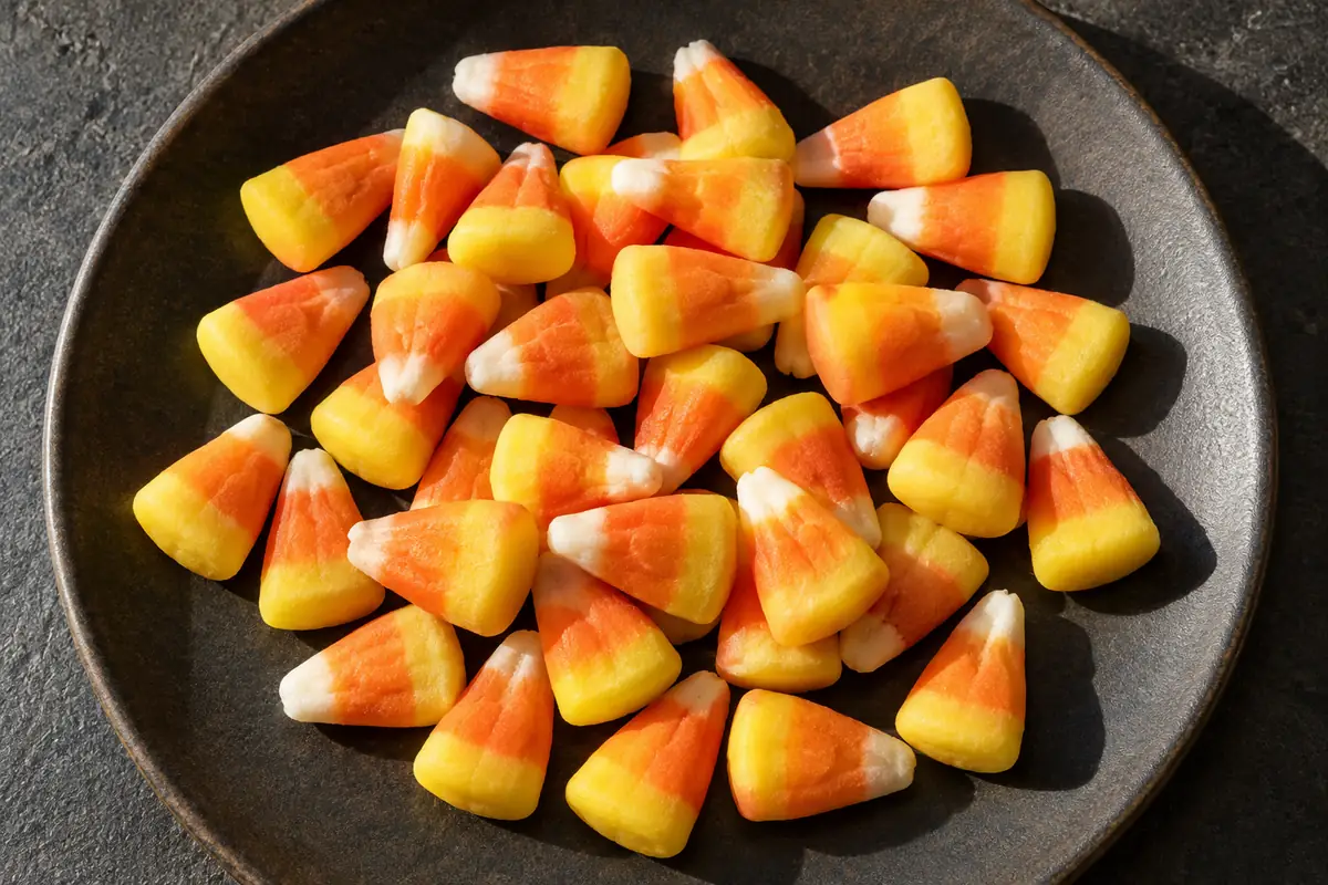 Háromszínű, fehér csúcsú, narancssárga közepű és sárga aljú candy corn cukorkák egy tálon