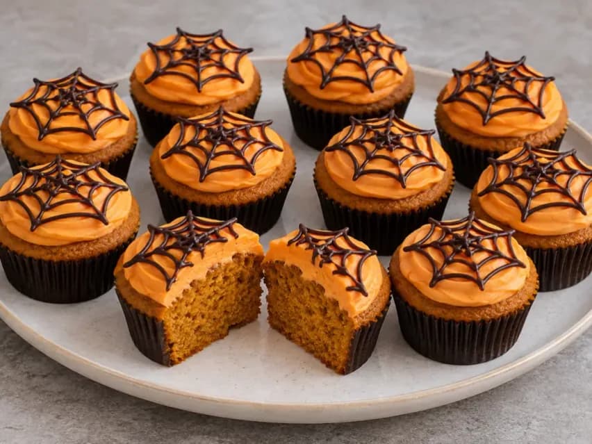 Narancssárga krémsajtos vajkrémmel és vékony étcsokoládés pókhálóval díszített sütőtökös cupcake-ek, egy félbevágott darab látható fűszeres bélzettel
