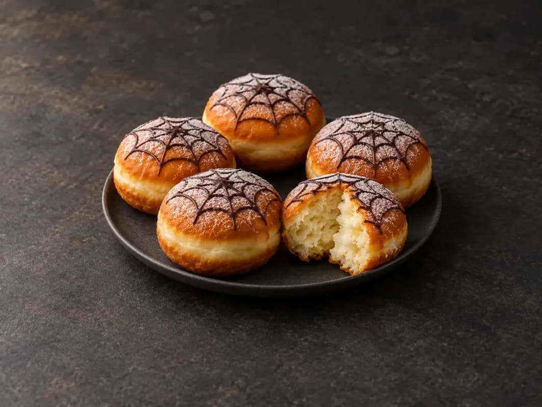 Sütőtökös mázzal és étcsokoládé-hálóval díszített Halloween-fánkok