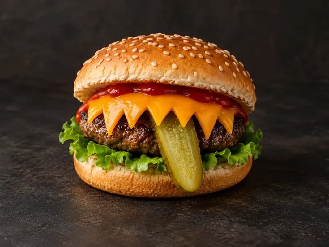 Halloween hamburger cheddar sajtból vágott fogakkal és uborkanyelvvel