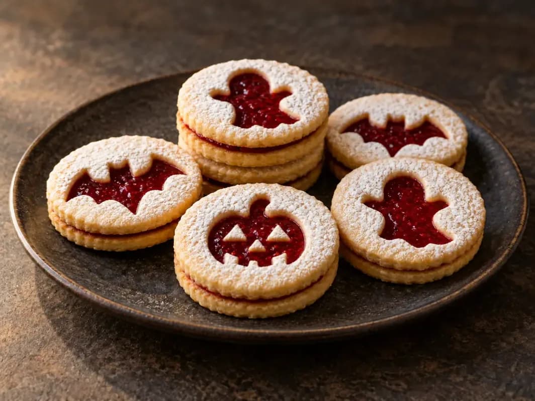 Porcukros, lekvárral töltött Halloween linzerek tök- és szellem alakú kivágásokkal, rétegesen egy tányéron