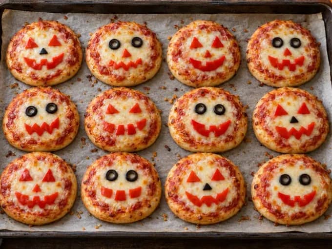 Kerek mini pizzák paradicsomszósszal, olvadt sajttal és piros paprikából vágott tökarcokkal