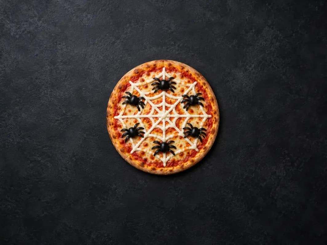 Egész, kerek Halloween pizza olvadt mozzarellával, tejfölös pókhálóval és hat fekete olívapókkal