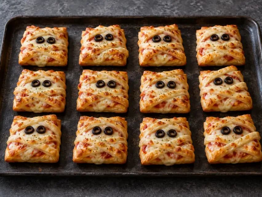Mini múmiapizzák leveles tésztából, paradicsomszósszal és olívás szemekkel