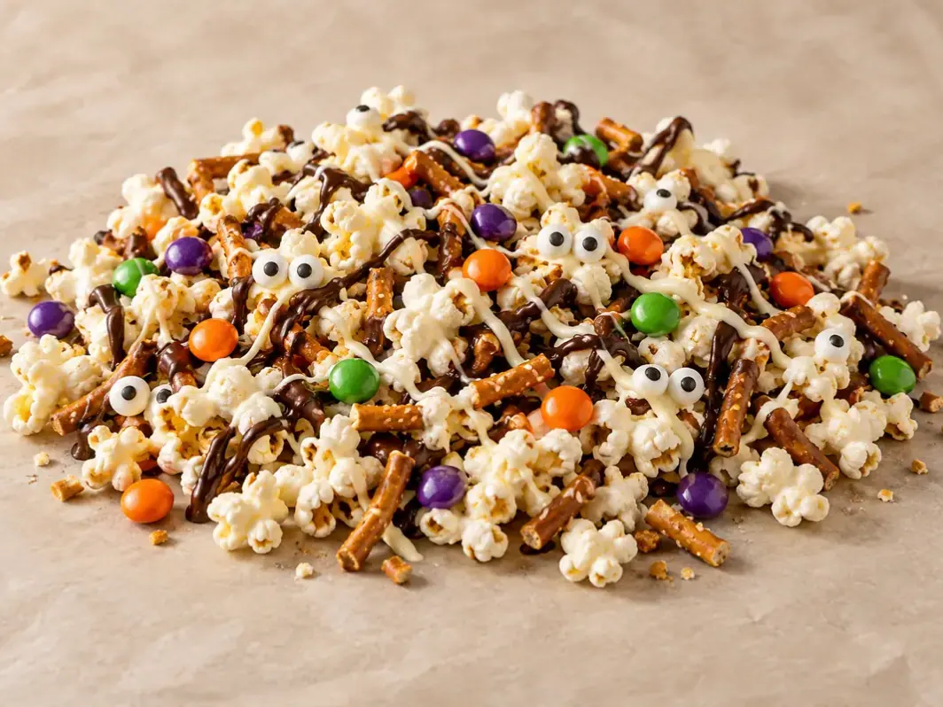 Fehér- és étcsokoládéval meglocsolt popcorn perecdarabokkal, színes csokidrazséval és cukorszemekkel egy tálcán
