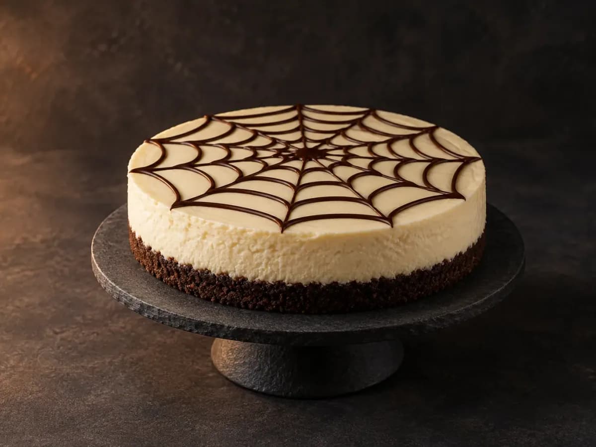 Fehér mascarponekrémes Halloween sajttorta kakaós kekszalapon, étcsokoládéval rajzolt pókhálóval