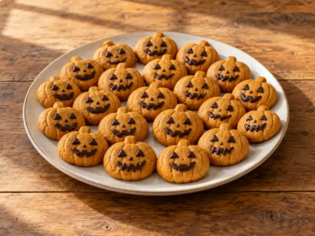 Kerek sütőtökös kekszek étcsokoládéból rajzolt Halloween-arcokkal