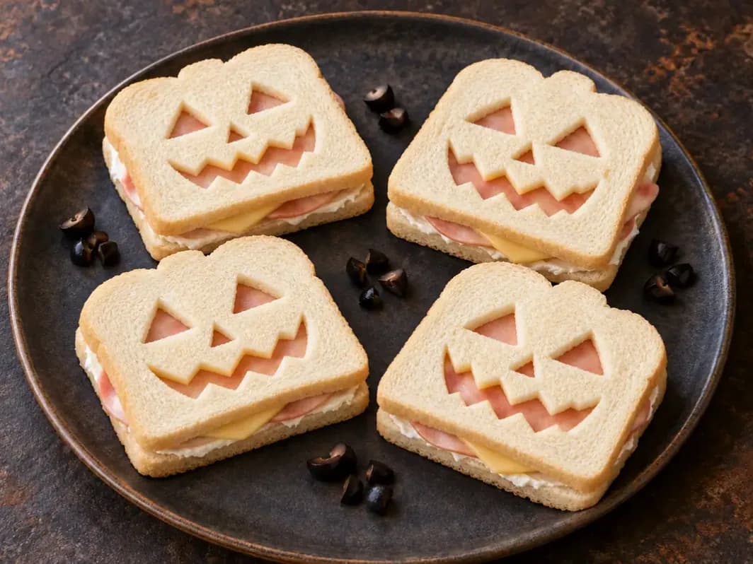 Négy tökfejes Halloween szendvics sonka- és sajtréteggel, olívabogyó-díszítéssel tányéron