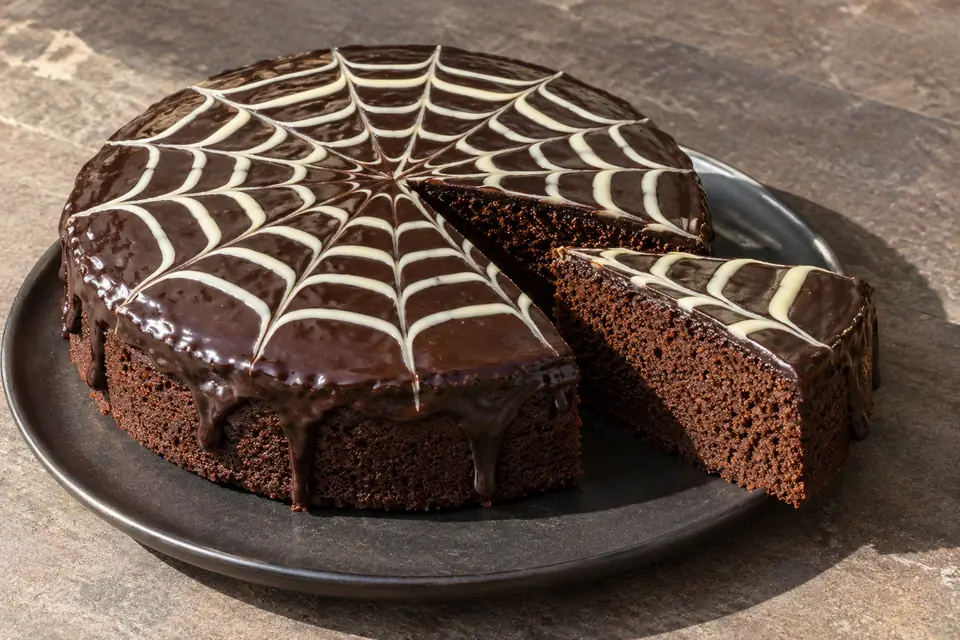 Kerek kakaós Halloween torta sötét csokoládébevonattal és fehércsokoládés pókhálóval