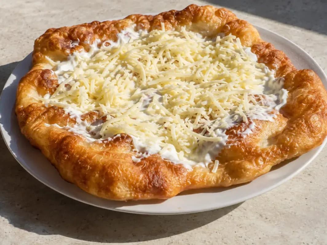 Aranybarnára sült hűtős lángos egy tányéron, a puha tészta tetején tejföllel és reszelt sajttal