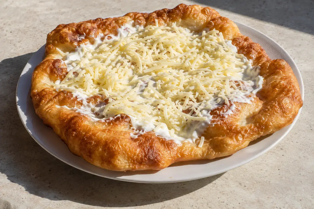 Aranybarnára sült hűtős lángos egy tányéron, a puha tészta tetején tejföllel és reszelt sajttal