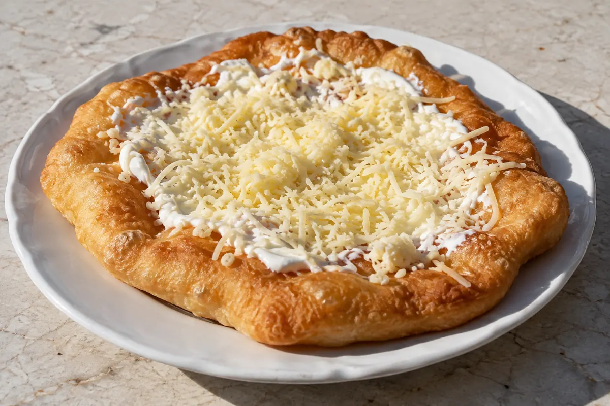Frissen sült kefíres lángos puha, aranybarna tésztával, tejföllel és reszelt sajttal a tetején