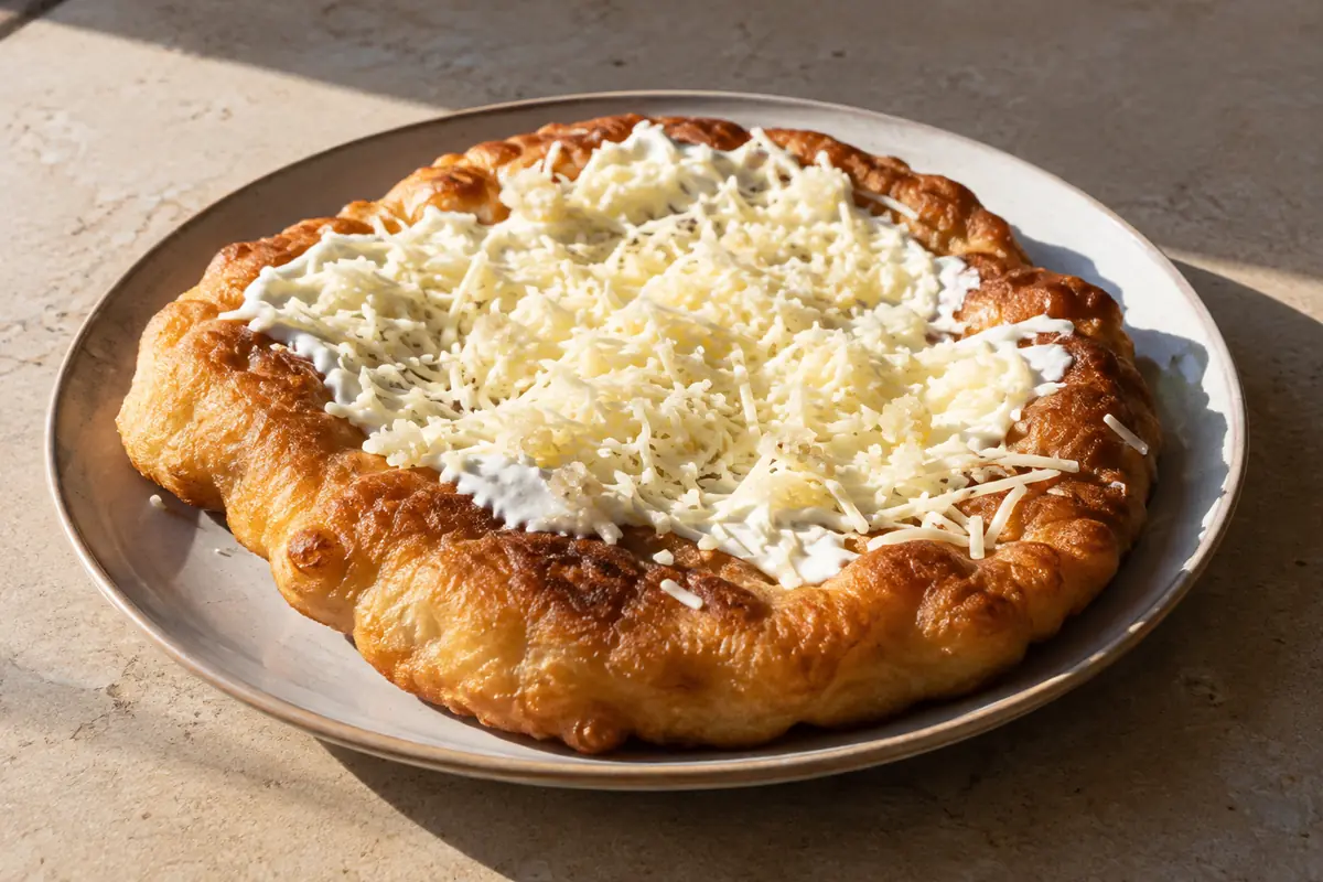 Aranybarna, puha krumplis lángos fokhagymás tejföllel és reszelt sajttal egy egyszerű tányéron