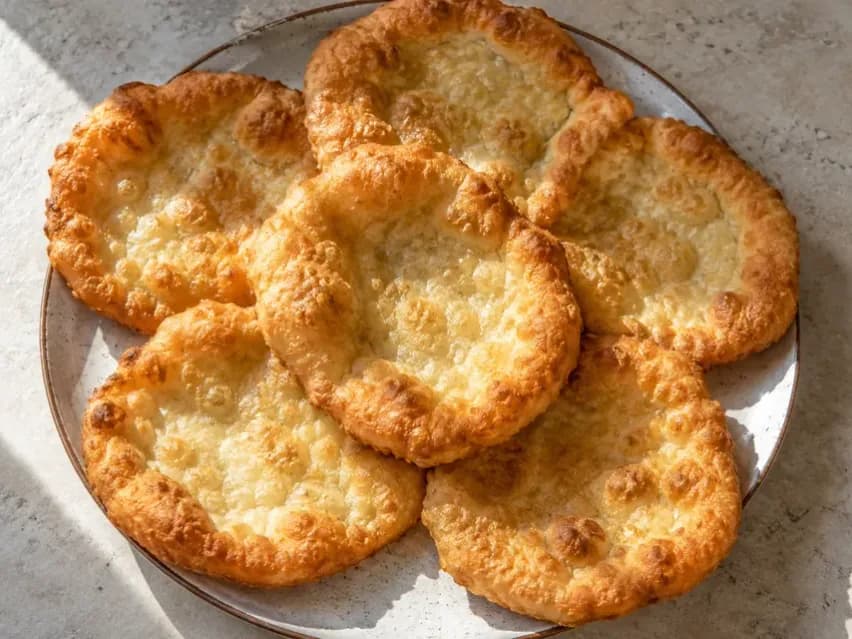 Hat kisebb, aranybarna, instant élesztővel készült lángos egy egyszerű tányéron