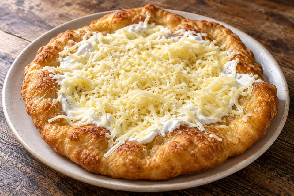 Frissen sült, aranybarna, sajtos-tejfölös lángos fokhagymás kenettel egy egyszerű tányéron