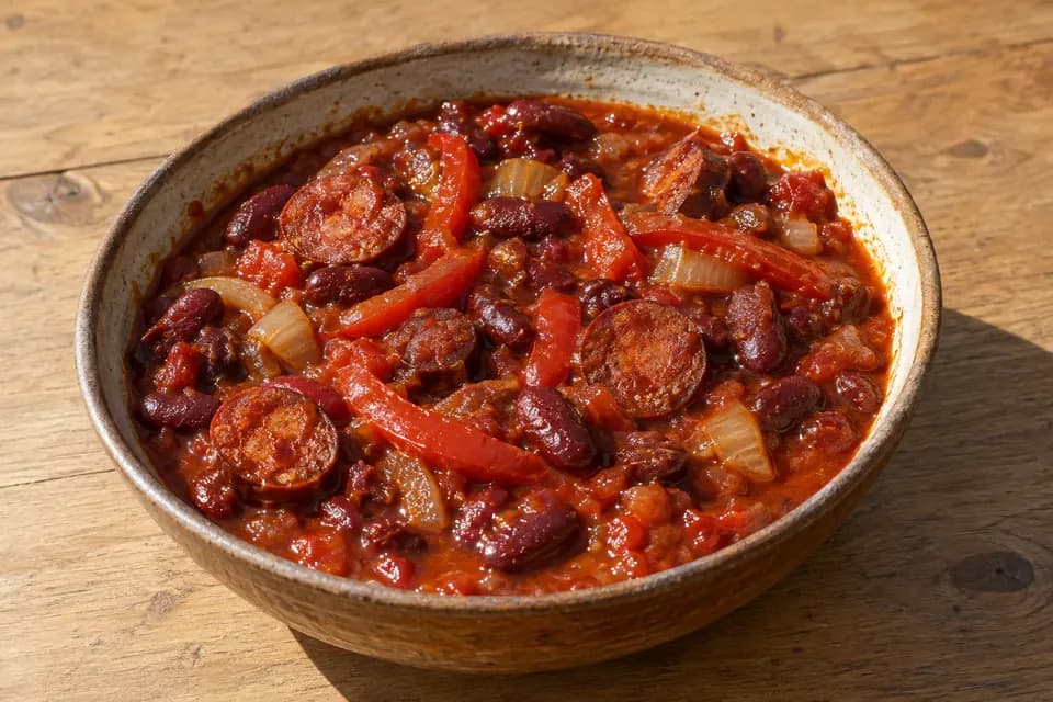 Magyaros chilis bab tálban, látható füstölt kolbászkarikákkal, vörösbabbal és piros lecsós szafttal
