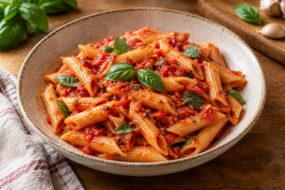 Penne tészta sűrű paradicsomszósszal és friss bazsalikomlevelekkel egy világos kerámiatálban