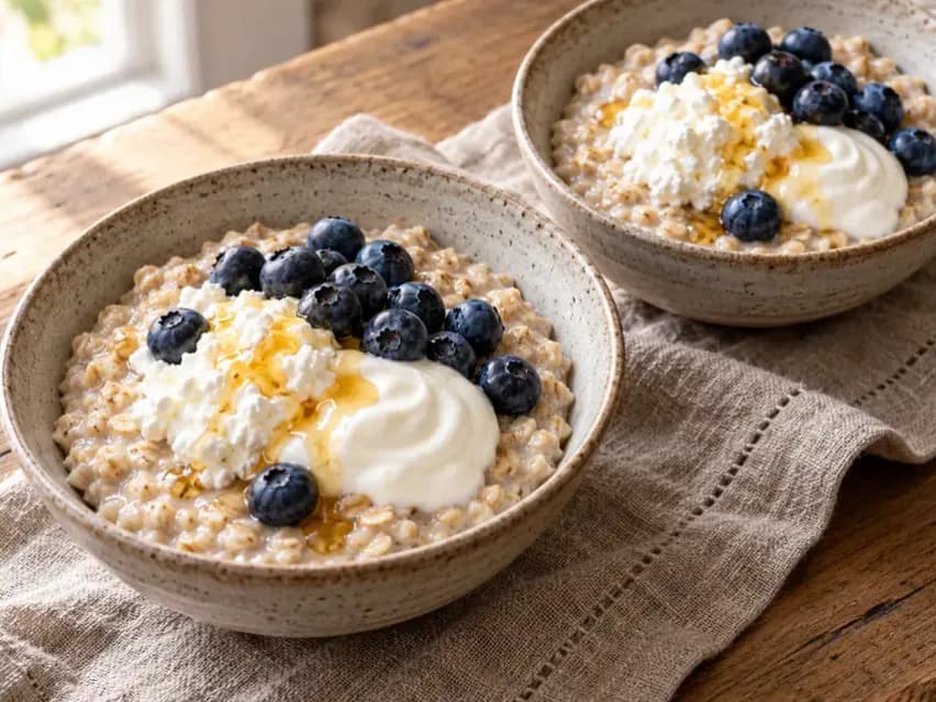 Tejben főtt zabkása vaníliás túró-joghurt krémmel és friss áfonyával két tálban