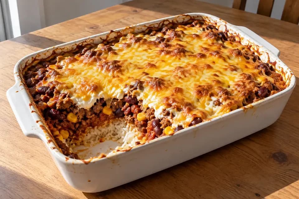 Rakott chilis bab fehér sütőtálban, rizses alsó réteggel, vörösbabos raguval és foltosra pirult sajtos tetővel
