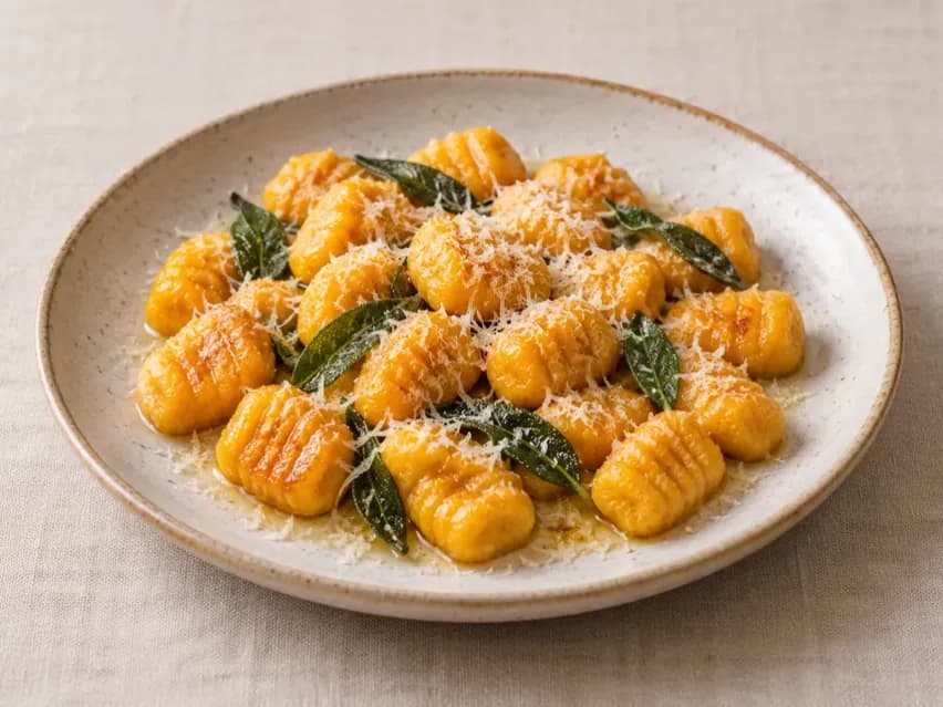 Narancssárga házi sütőtökös gnocchi zsályás vajjal és kevés reszelt parmezánnal tányéron