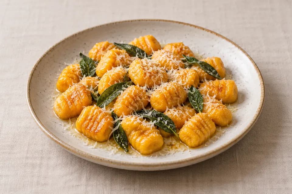 Narancssárga házi sütőtökös gnocchi zsályás vajjal és kevés reszelt parmezánnal tányéron