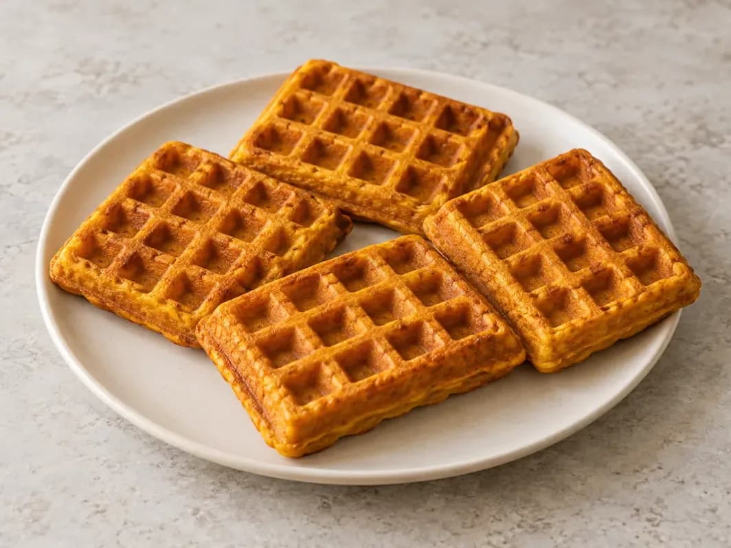 Aranyszínű, négyszögletes sütőtökös gofrik egyszerű tányéron