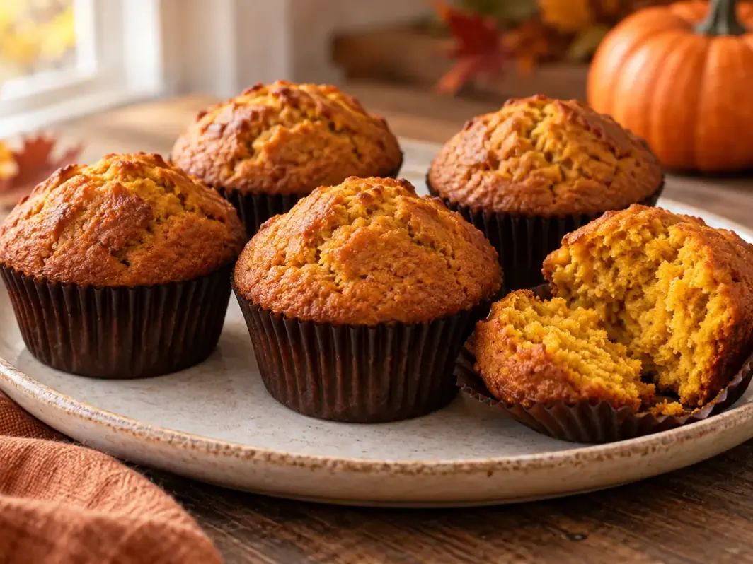 Fahéjas sütőtökös muffinok sötét papírkapszliban, egy felnyitott muffin narancssárga bélzetével